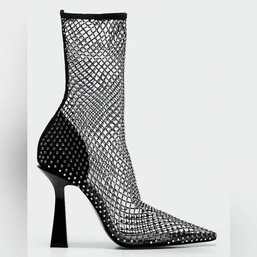 Mango MNG Black Mesh Rhinestone Heeled Boots